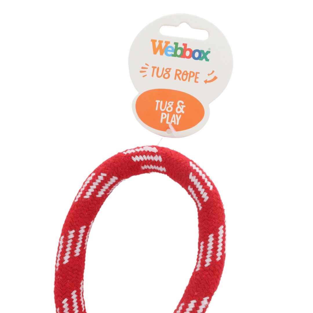 red figure 8 dog toy with white accents and tug rope branded webbox tag