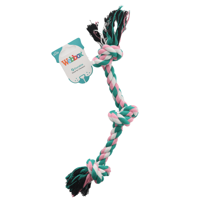 triple knotted dog rope toy with green white and pink colours