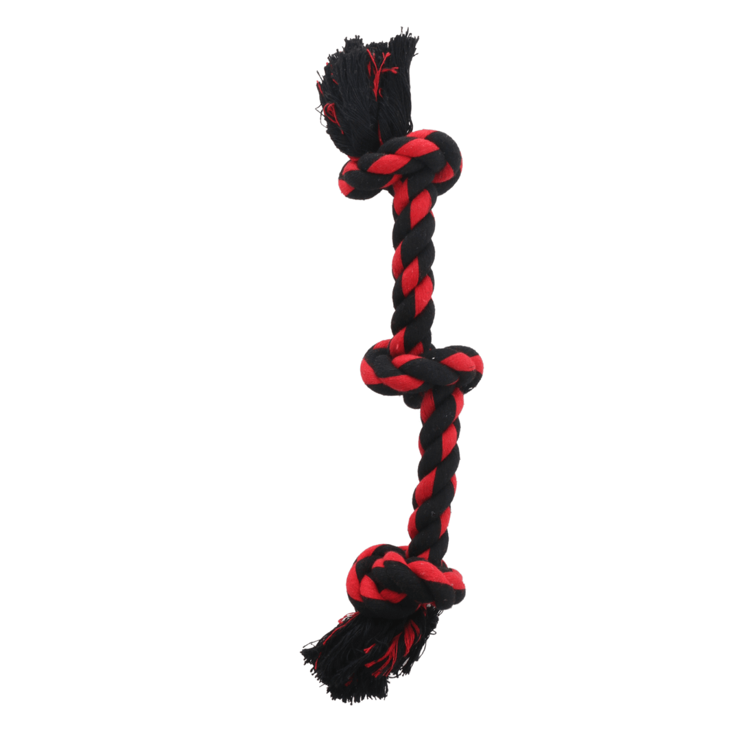 triple knotted dog rope toy with black and red cord and tough and tugger webbox brand tag