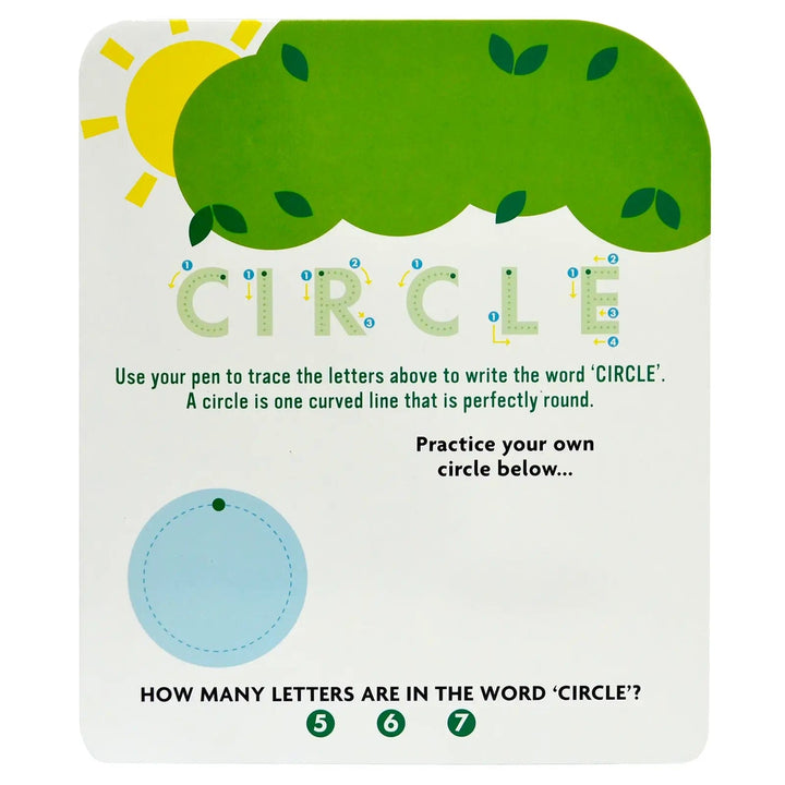 Wipe clean page from Shapes learning book to trace the word circle