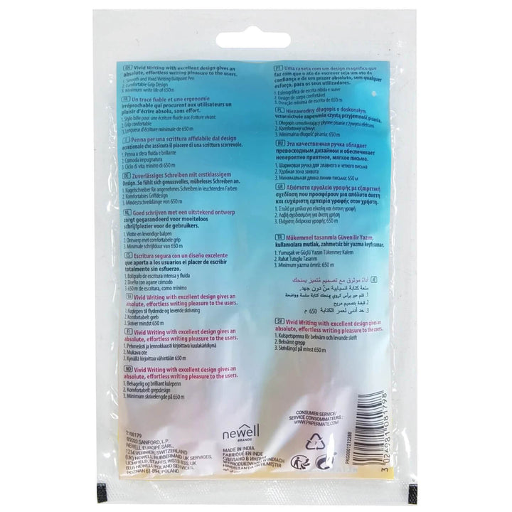 Back view of a pack of ballpoint pens packaging with text and branding.