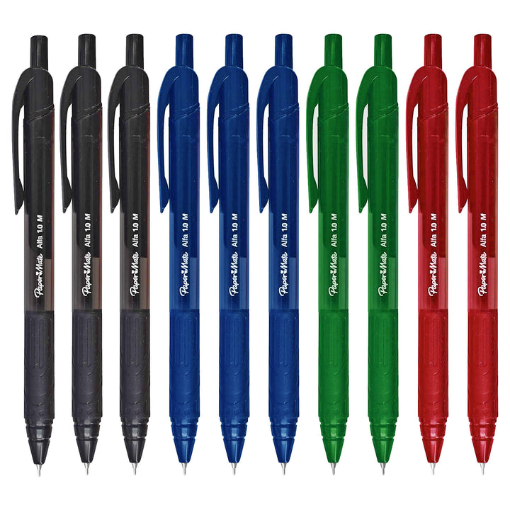 Set of pens in black, blue, green, and red on a white background
