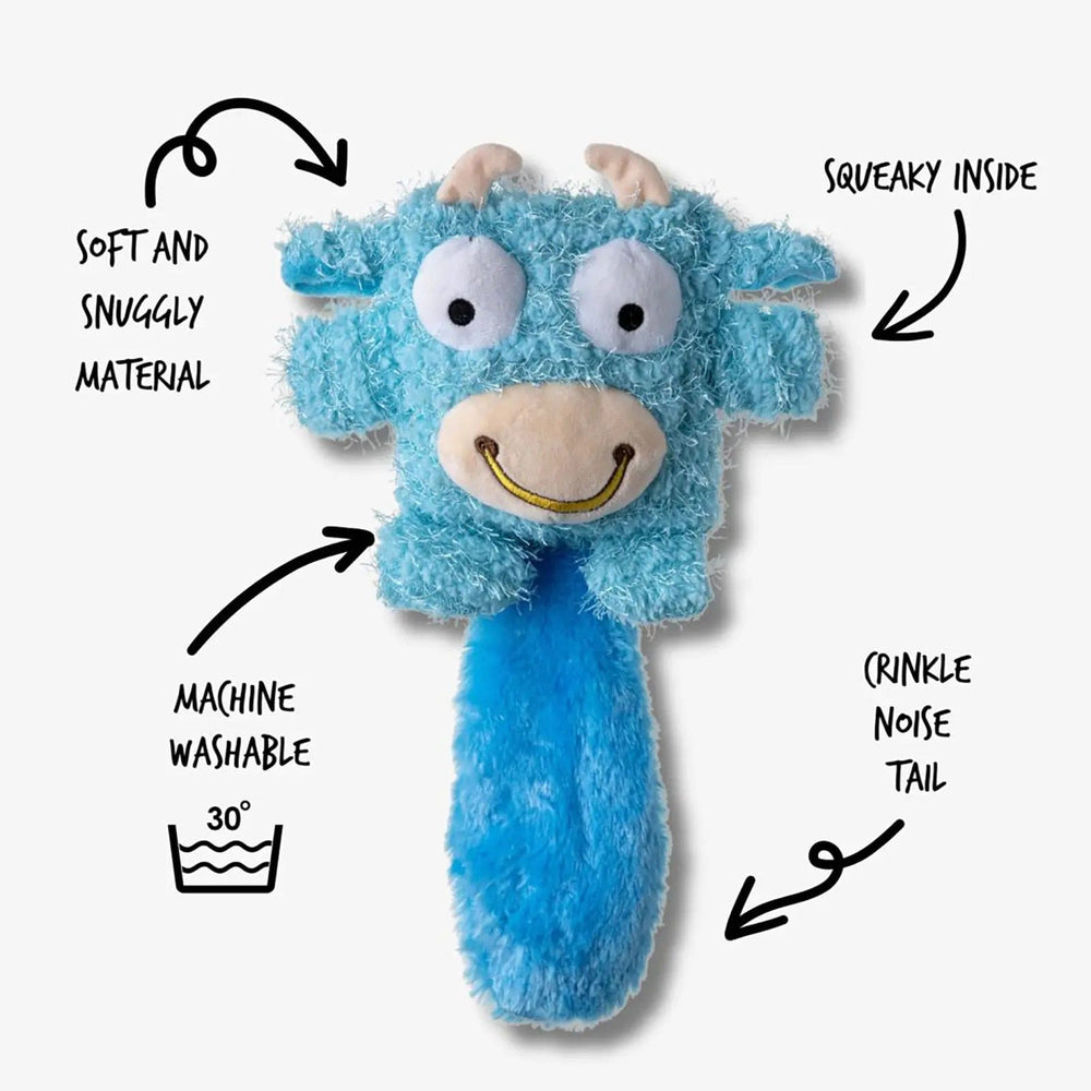 Blue cow design dog toy with squeaker and crinkle sound tail