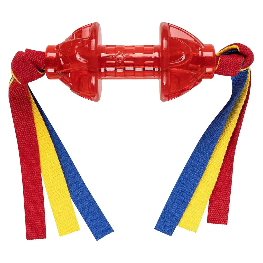 Red dumbbell shape dog toy with coloured straps for tug of war or fetch games 