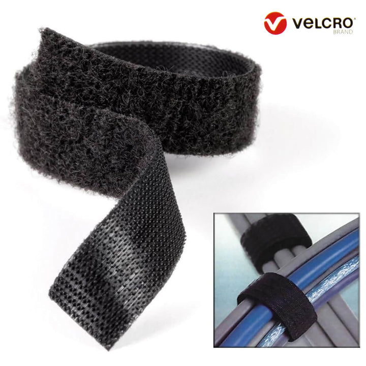 Black Velcro strap with a close-up inset showing its use on a blue cables, branded with Velcro.