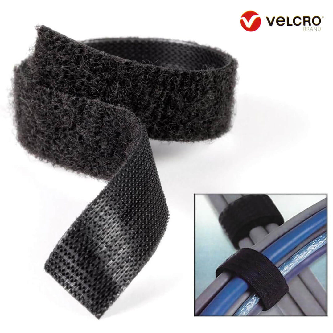 Black Velcro strap with a close-up inset showing its use on a blue cables, branded with Velcro.
