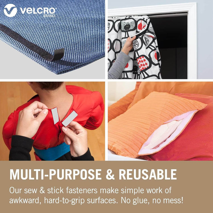 Velcro brand advertisement with various applications including fabric, wall stickers, clothing, and furniture.