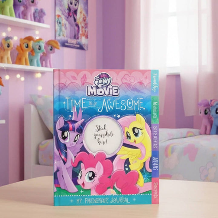 My Little Pony-themed book on a shelf with colorful decor in the background