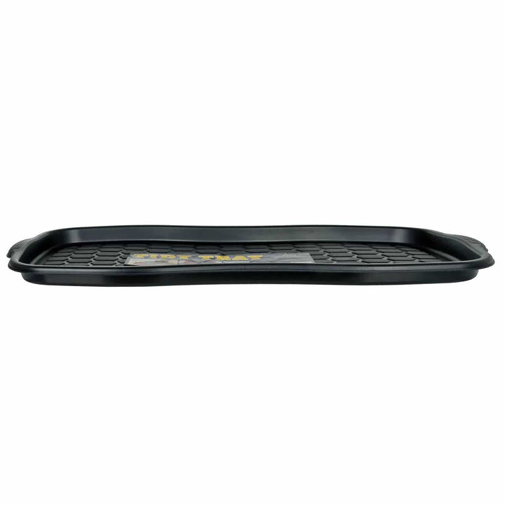 Side view of a heavy duty tidt tray in black plastic with ridged surface for draining