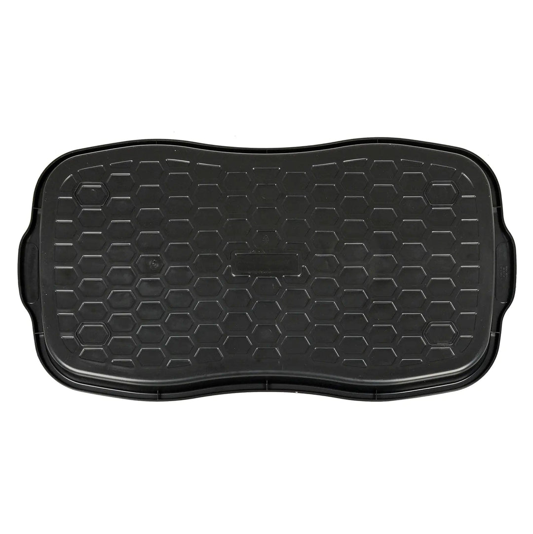 Underside of a black plastic storage tray with honeycomb pattern ridged surface