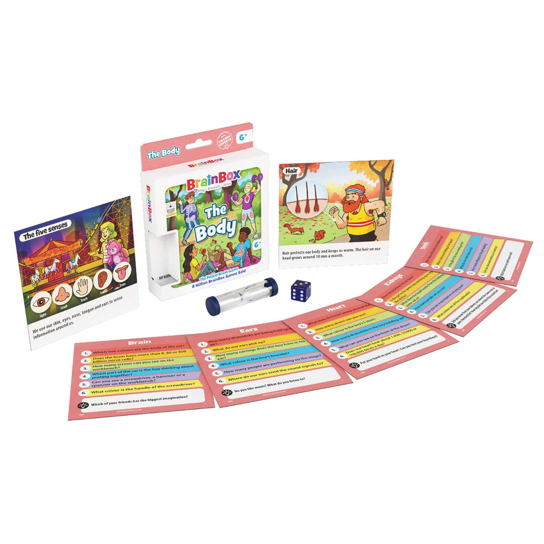 Brain Box The Body educational game set with cards and dice on a white background