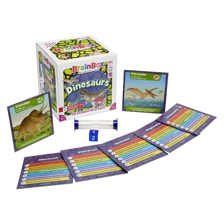 Contents of BrainBox Dinosaurs educational game on a white background