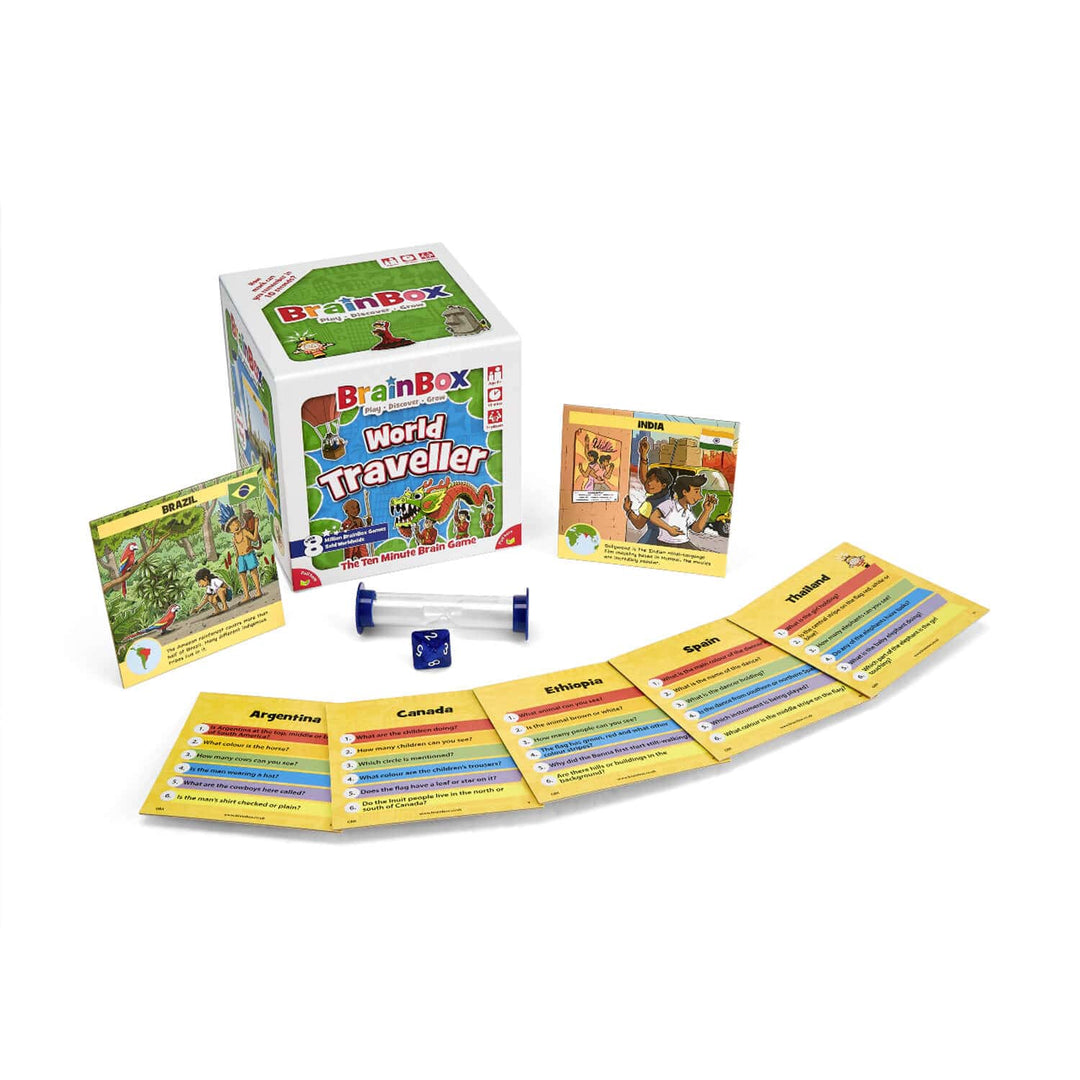 Contents of BrainBox World Traveller educational game with cards and box on a white background