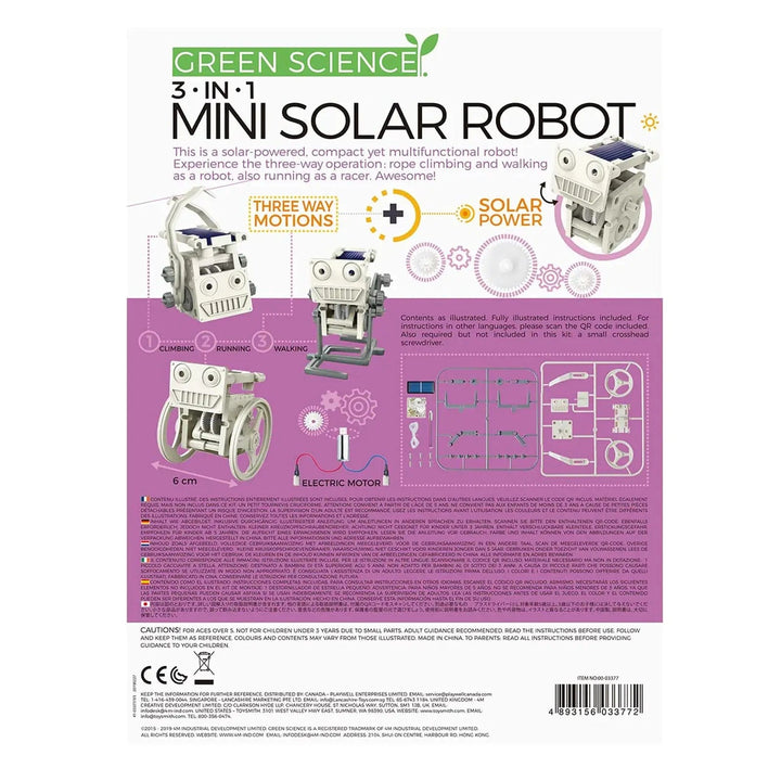 Back of the box of build your own mini solar powered robot