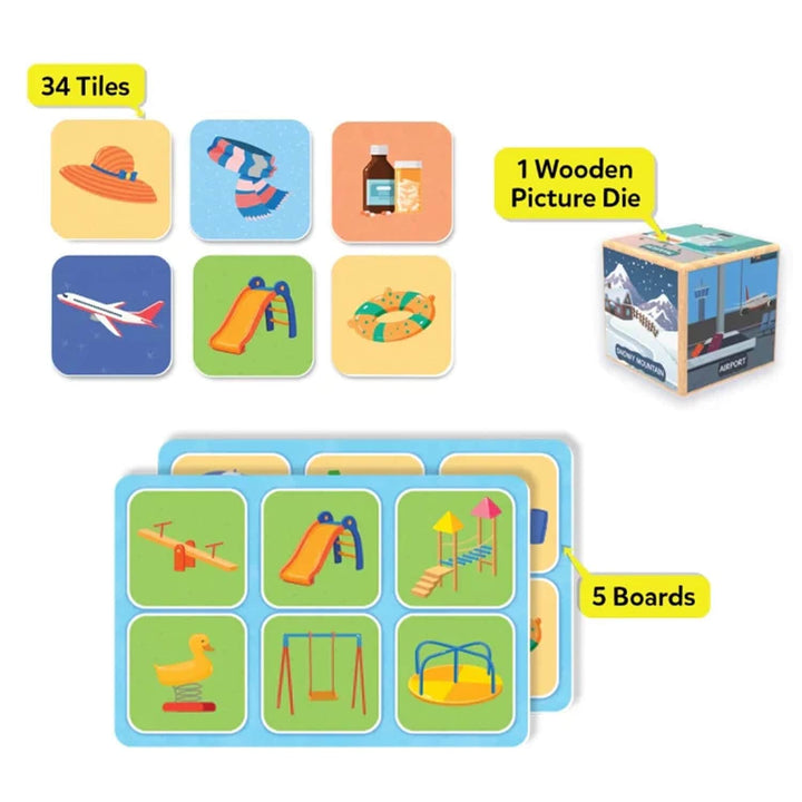 Contents of the Memory Match game box, with tiles, boards and picture die