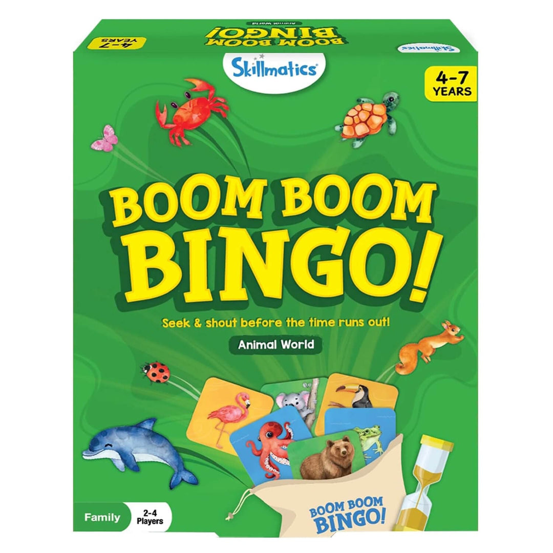 Boom Boom Bingo game box with animal world theme illustrations on a green background