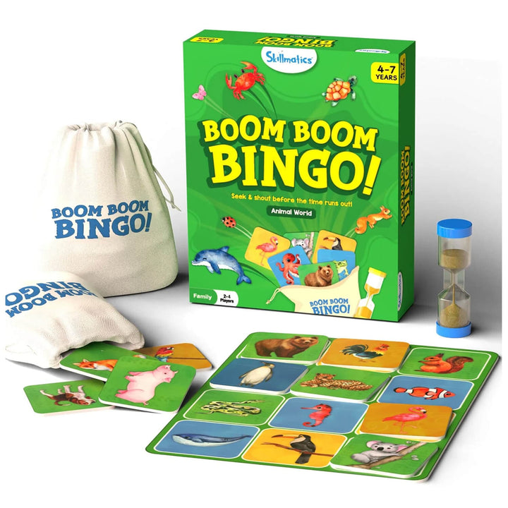 Boom Boom Bingo game set with box, board, card tiles, and sand timer on a white background