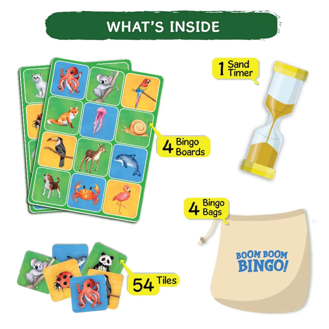 Boom Boom Bingo game set with animal cards, sand timer, bags, and tiles on a white background.
