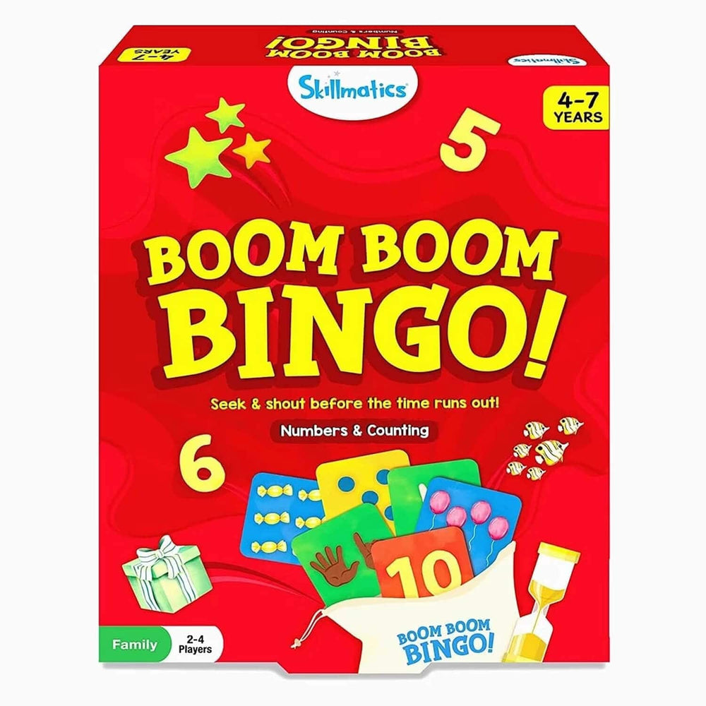 Boom Boom Bingo game box with colourful numbers and counting graphics on a red background