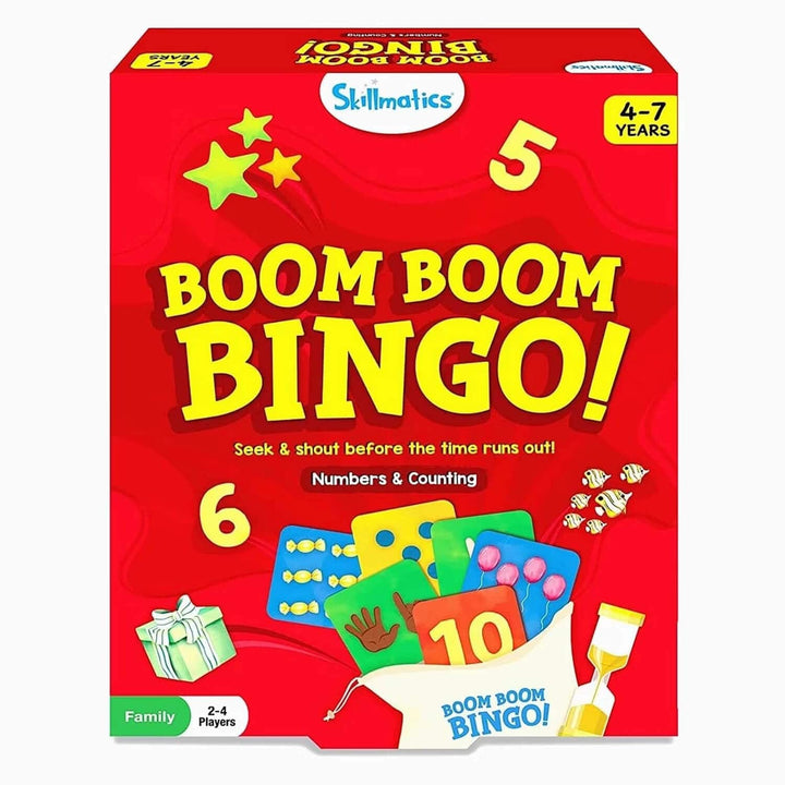 Boom Boom Bingo game box with colourful numbers and counting graphics on a red background
