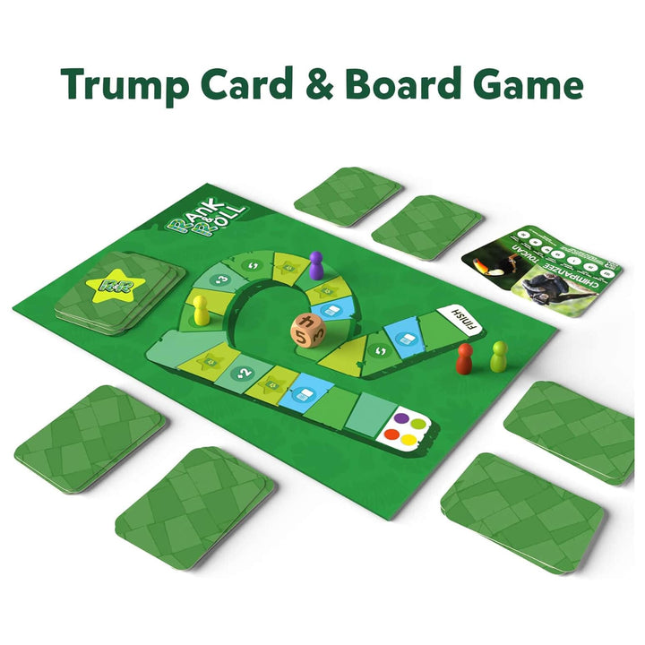 Rank &amp; Roll trump card and board game with wooden dice and board pieces