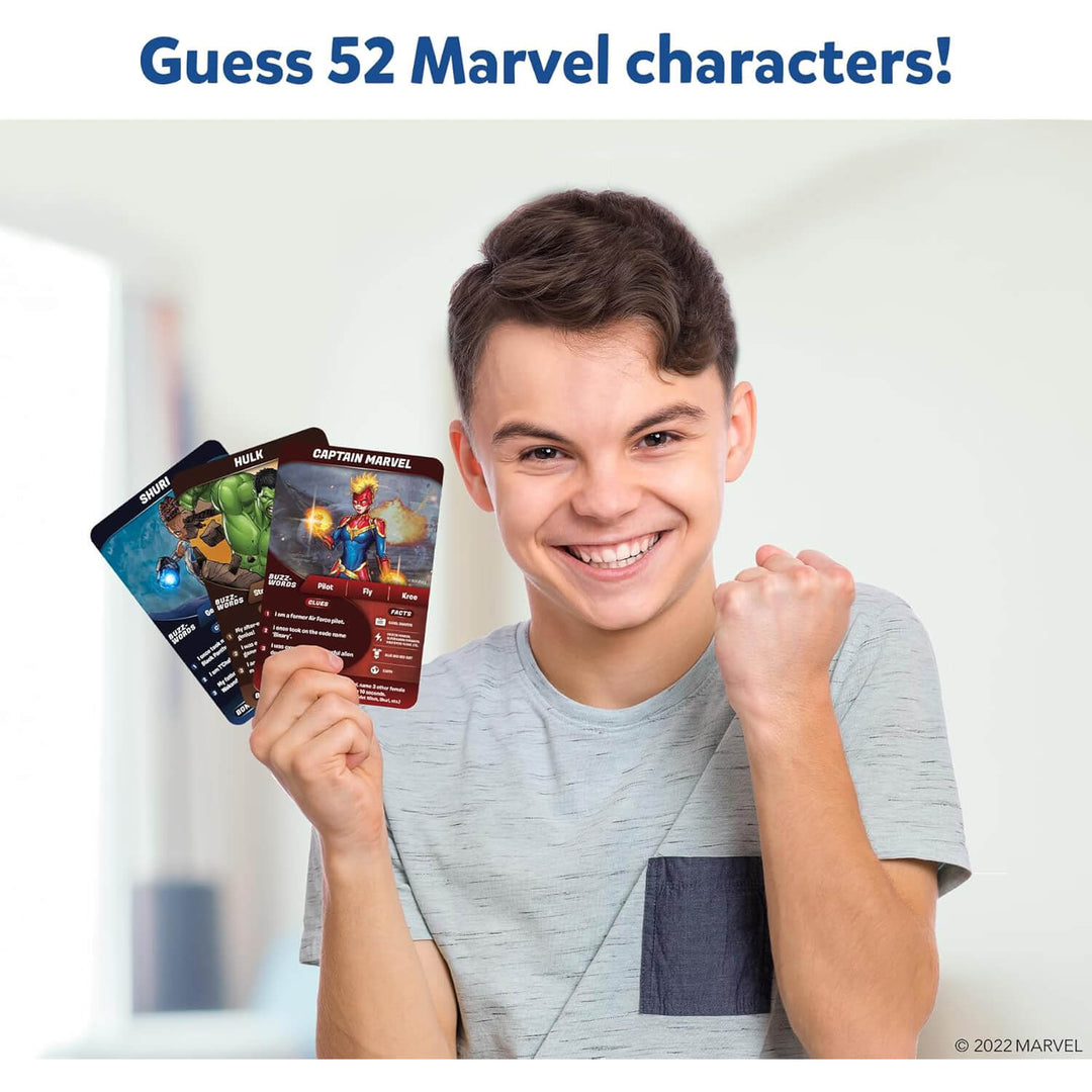Young person playing guess who with 52 Marvel character cards