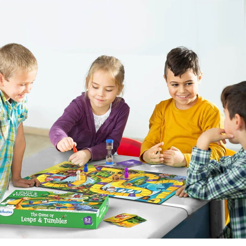 4 children playing a game of leaps and tumbles