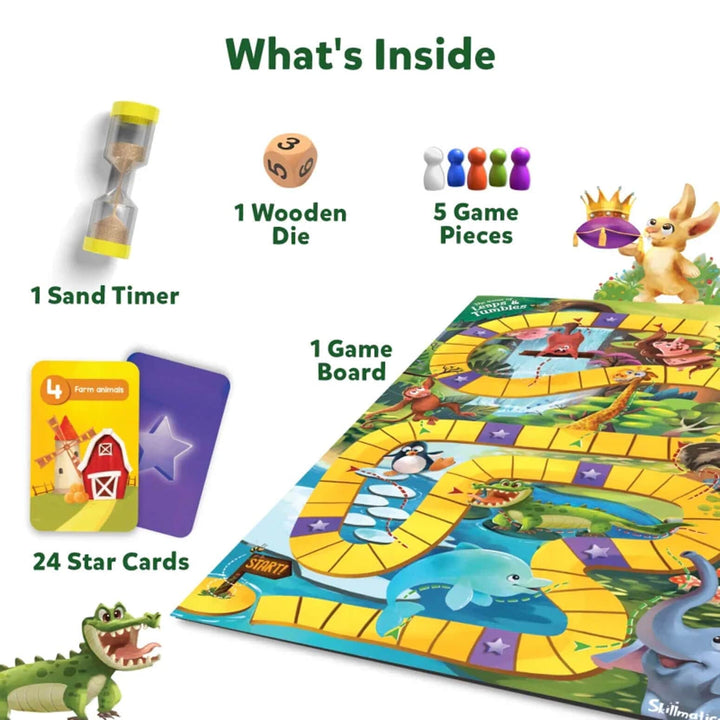 Game board, game pieces, die, timer and star cards from inside the box of Leaps & Tumbles board game