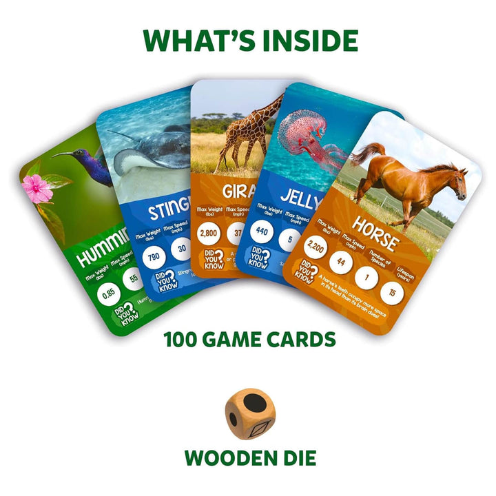 Game cards and wooden die to play Rank Up trump card game