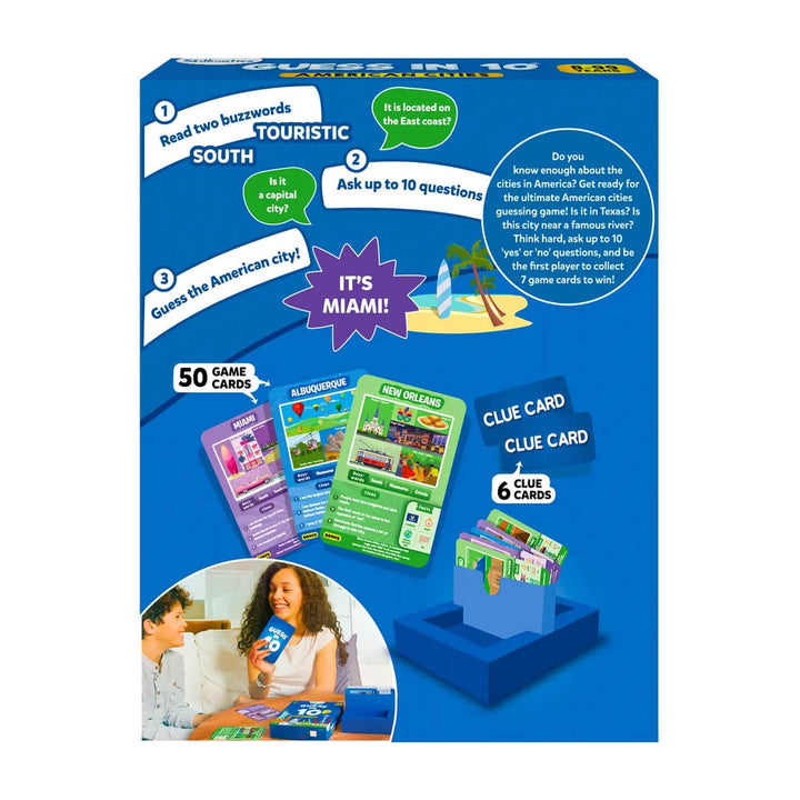 Back of the box of Guess in 10 American Cities family game
