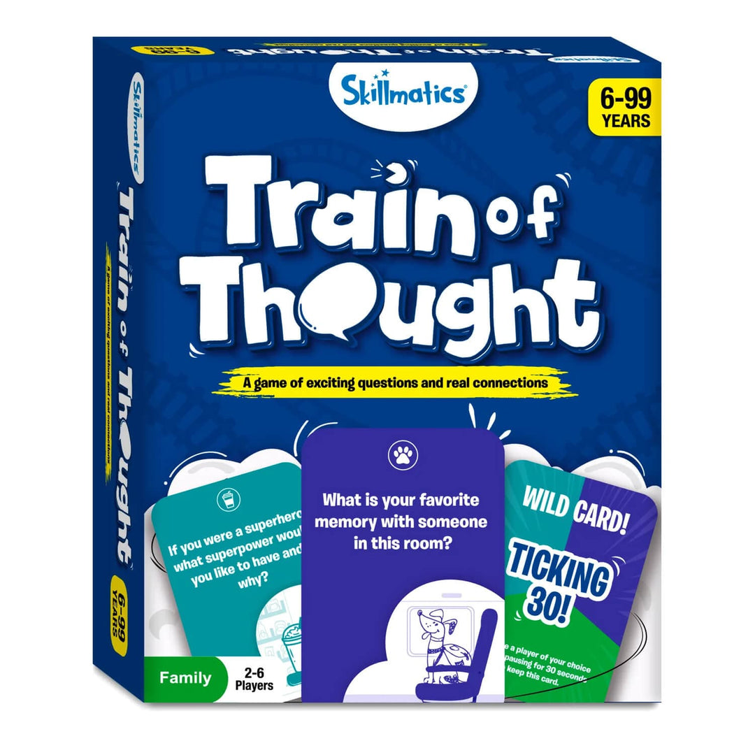 Box packaging of Train of Thought family game with question and challenge cards