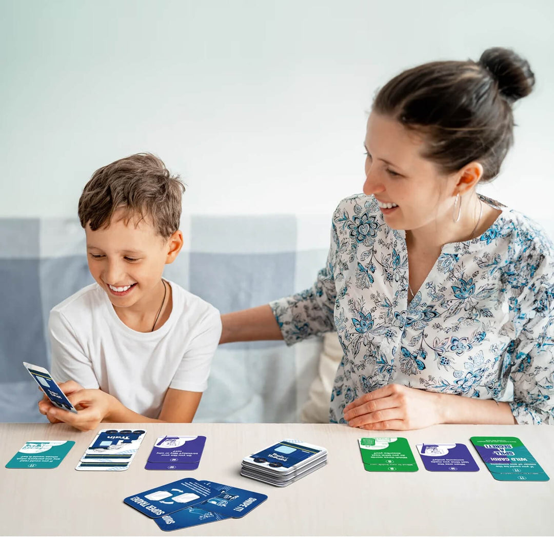 Woman and boy playing Train of Thought question and challenge card game