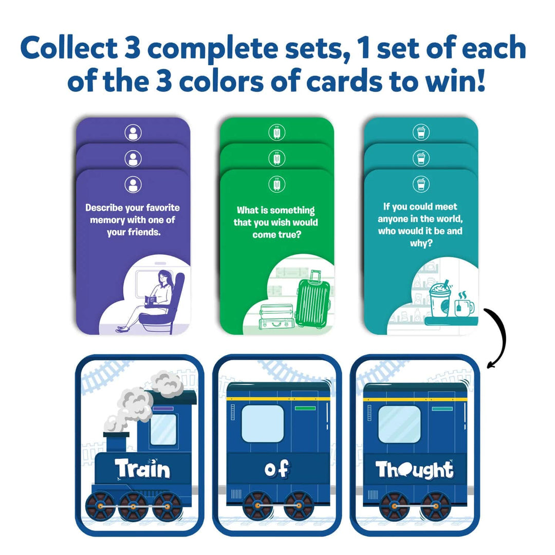 Complete 3 sets of coloured cards to win Train of Thought family game