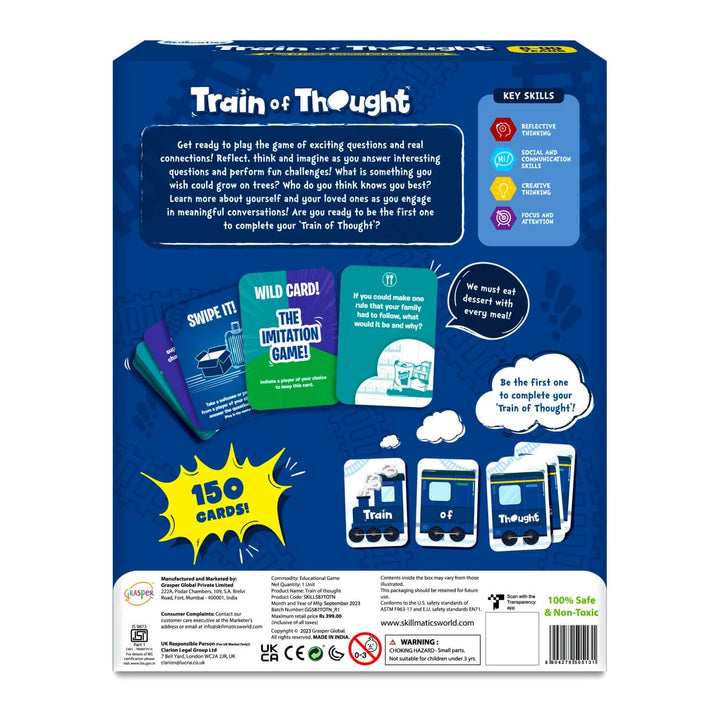 Back of the box of Train of Thought family card game