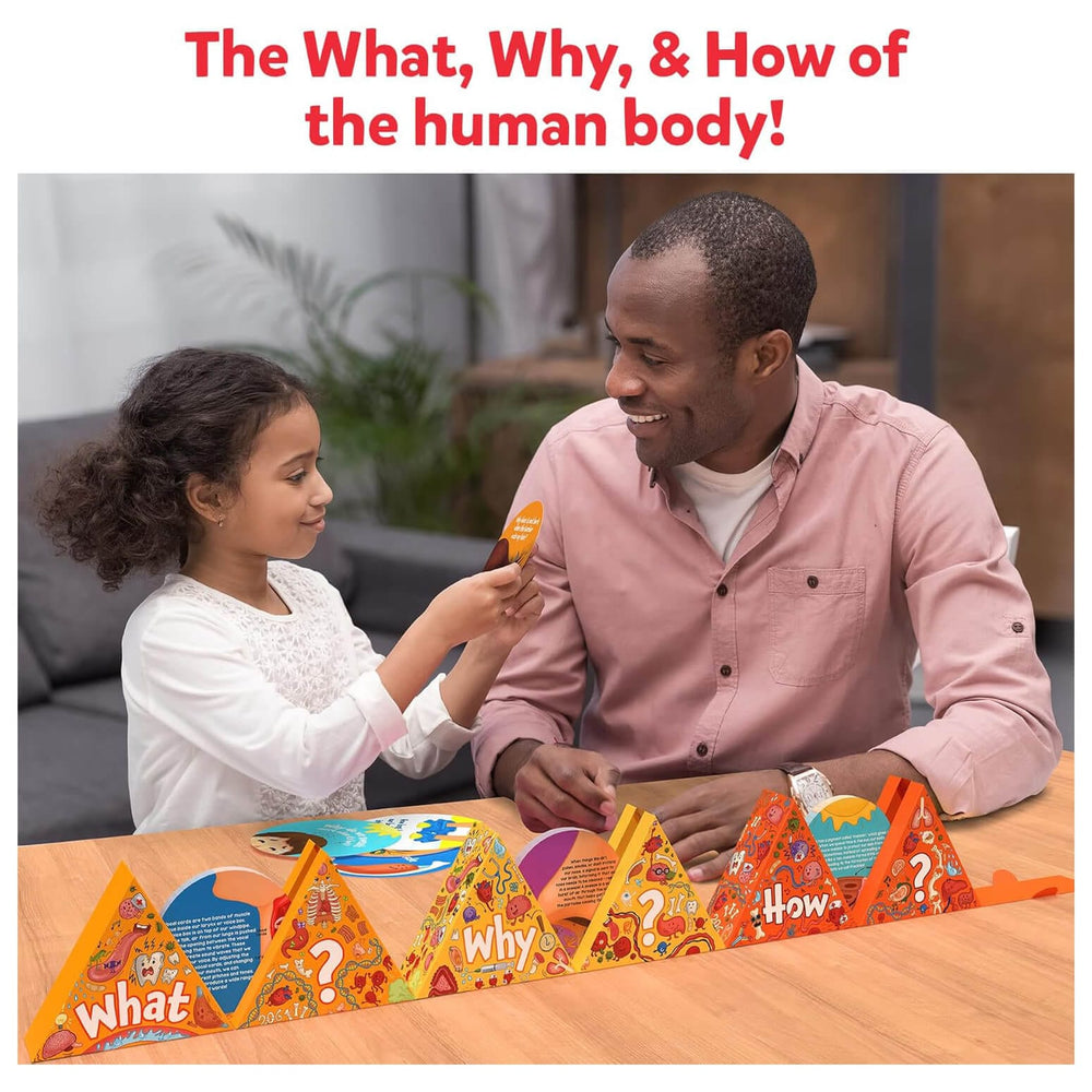 Man and girl learning the what, why and how of the human body with a tri-stand flash card holder