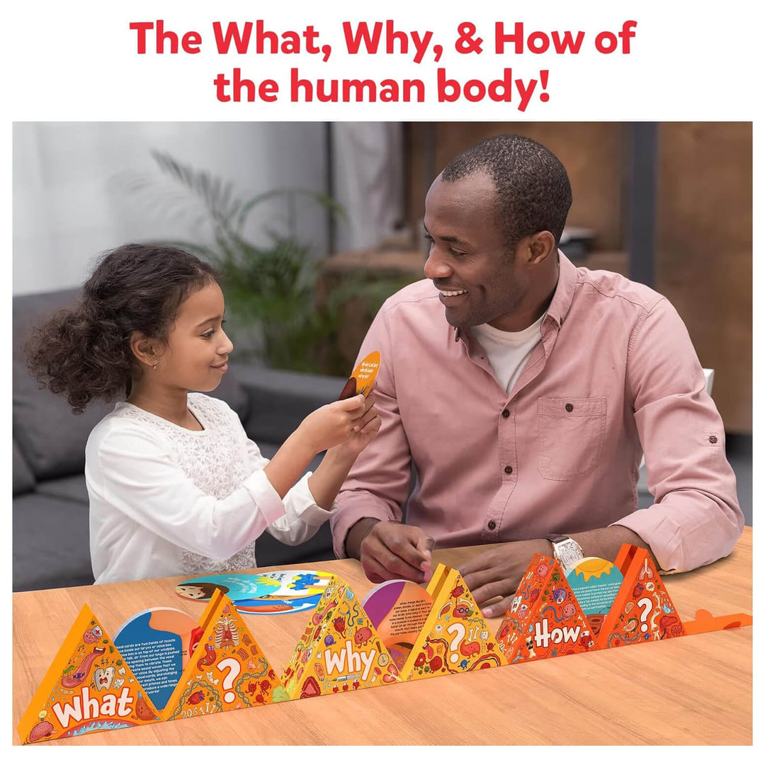 Man and girl learning the what, why and how of the human body with a tri-stand flash card holder