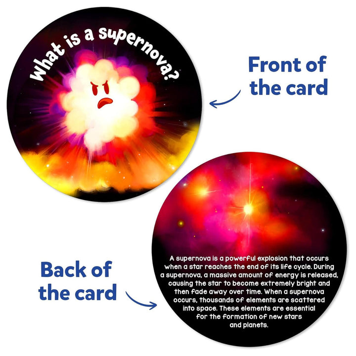 front and back of a flash card in the Science Snippets all about space STEM kit
