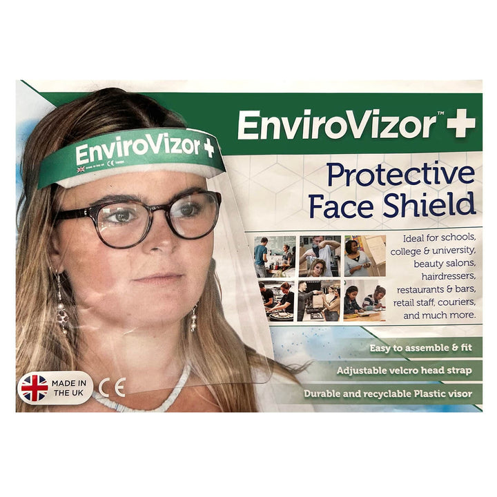 Envirovisor label showing woman wearing a protective face shield