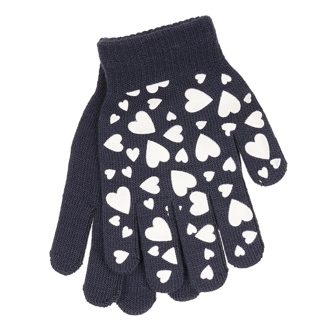 Navy blue magic gloves with white heart shape grips on the palm that glow in the dark