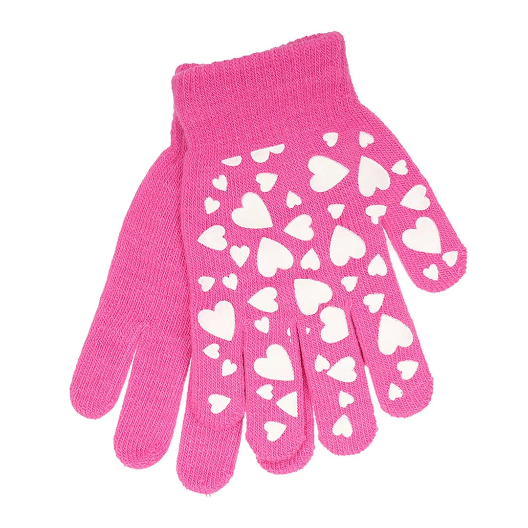 Pink magic gloves with white heart shape glow in the dark grips on the palm