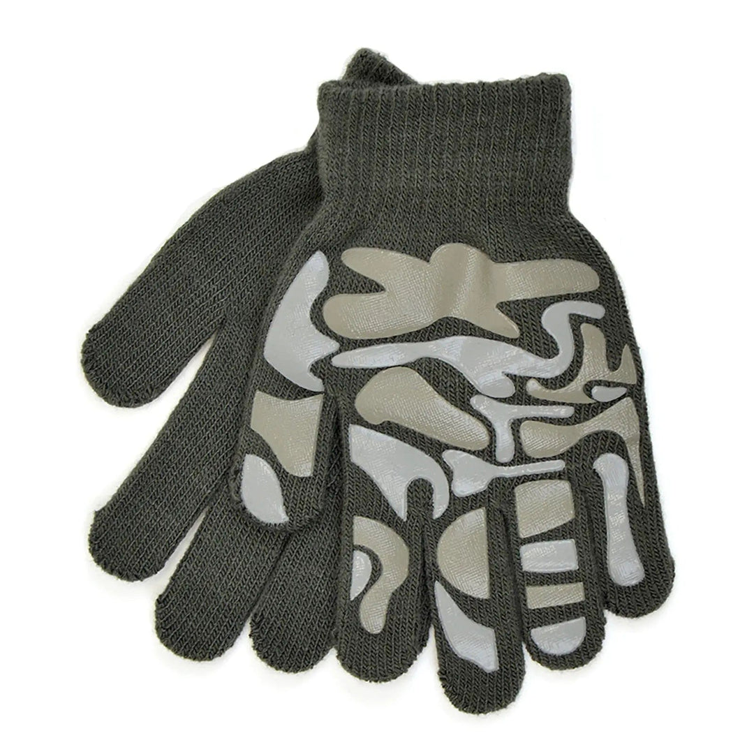 Kids magic gloves in grey with silver and grey camouflage shaped grips on the palm