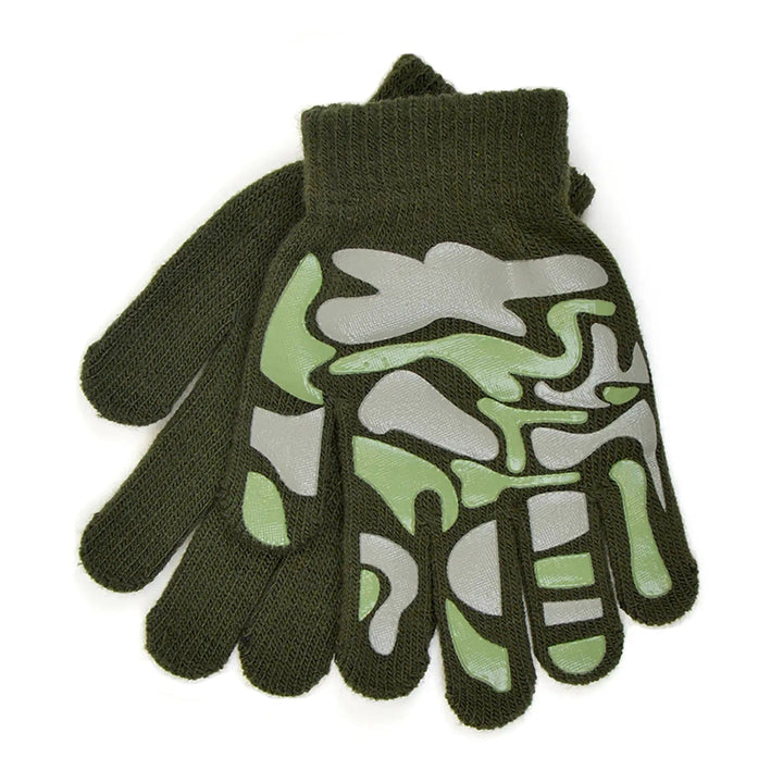 Kids magic gloves in green with camouflage shaped grips on the palm