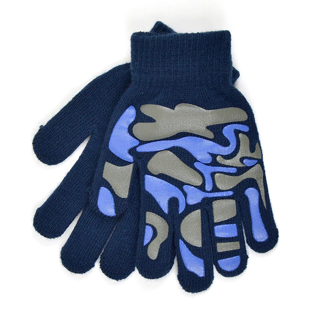 Kids magic gloves in blue with blue and silver camouflage shaped grips on the palm