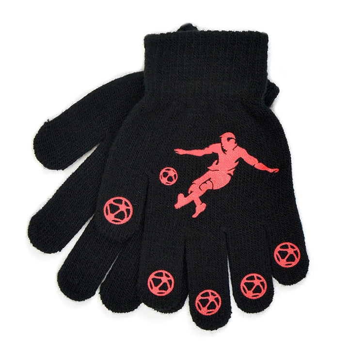 Kids magic gloves in black with football player in red and red footballs on the palm for grip