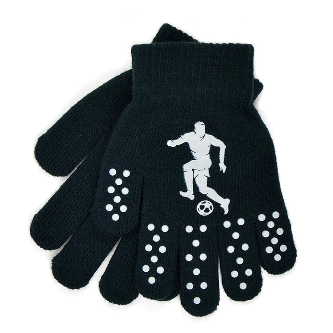 Kids magic gloves in black with football player in white and white dots on the palm for grip