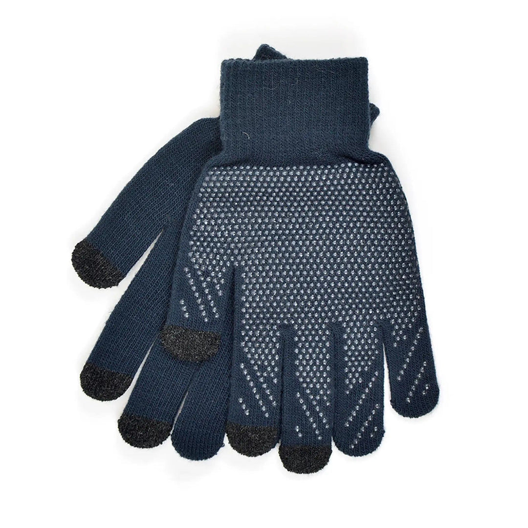 Mens dark blue touch screen gloves with gripper dots on the palm