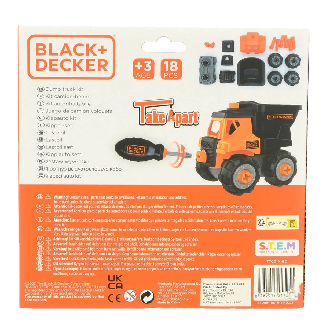 Back of the box of Black + Decker Take Apart Dump Truck building kit