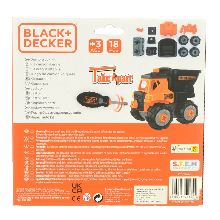 Back of the box of Black + Decker Take Apart Dump Truck building kit