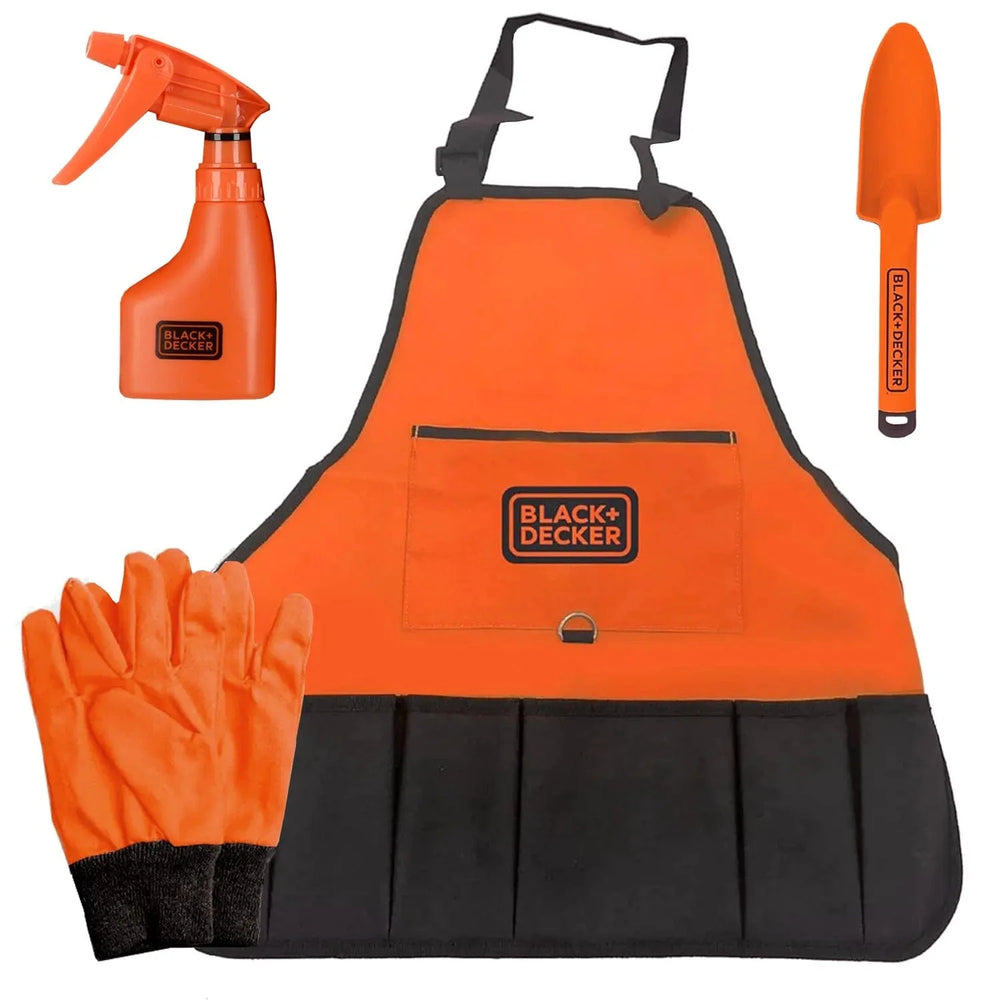 Apron, spray bottle, gloves and trowel for children helping in the garden