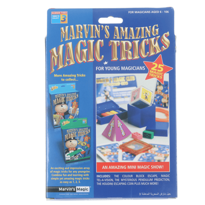 back view of three of three tricks set featuring colour block escape set, pendulum prediction, escaping coins and much more